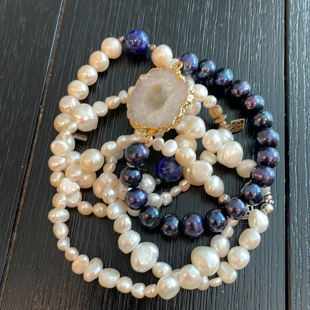 Grace & Heart- Set of 5 Pearl and Blue Lapis Bracelets -